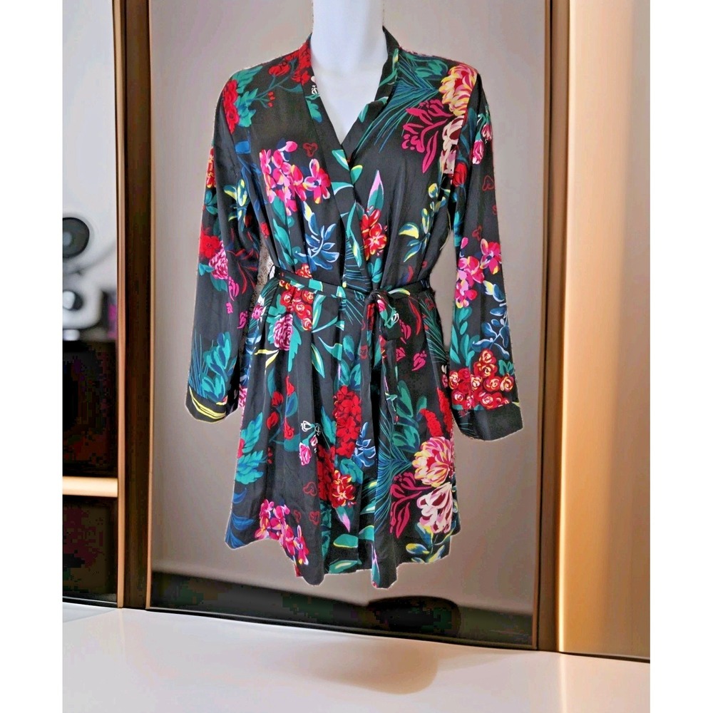 Stars Above Kimono M/L Black Floral Short‎ Satin Robe Belted Intimate Lingerie